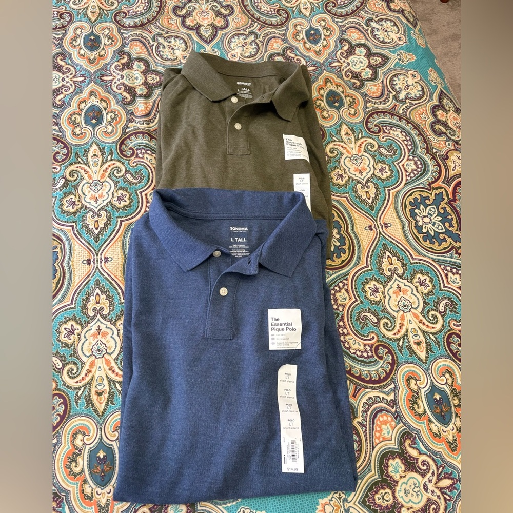 Two brand new polo shirts - blue and olive - size large tall
